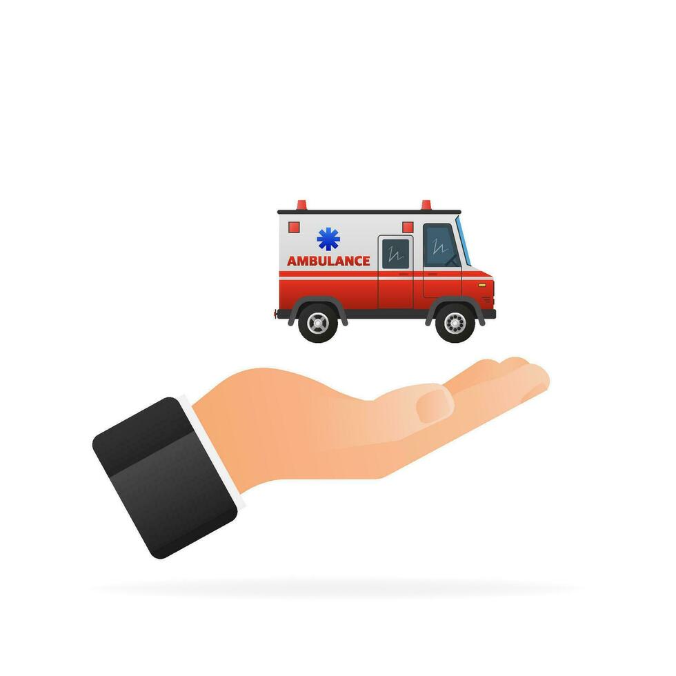 ambulancia emergencia coche o automóvil con mano Moviente rápido vector ilustración. Bosquejo modelo vector ilustración