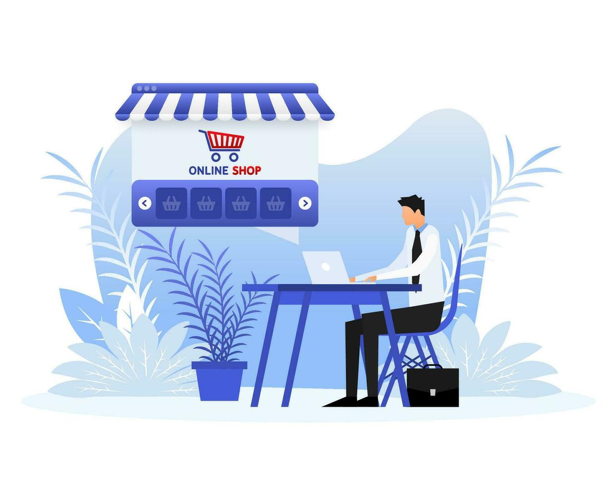 Laptop with and screen buy. Flat style characters. Concept online shopping vector