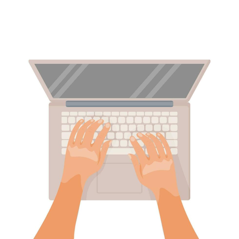 A man hands use a laptop with an empty screen. Workplace at home. Vector illustration.