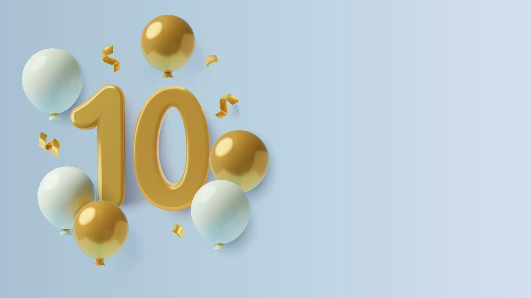 10 años aniversario 3d antecedentes con oro diez número globos y papel picado en azul antecedentes vector