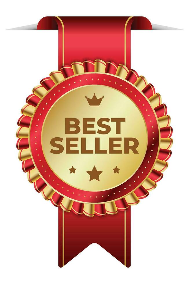 Best seller sticker label with gold medal and red ribbon. Best seller product label. Best seller golden label badge vector