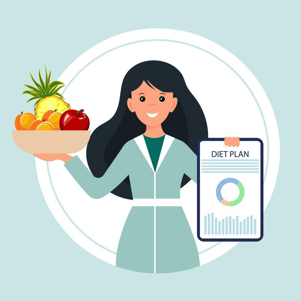 Woman doctor nutritionist with diet plan on the phone. Healthy food medical concept. Cartoon illustration, vector