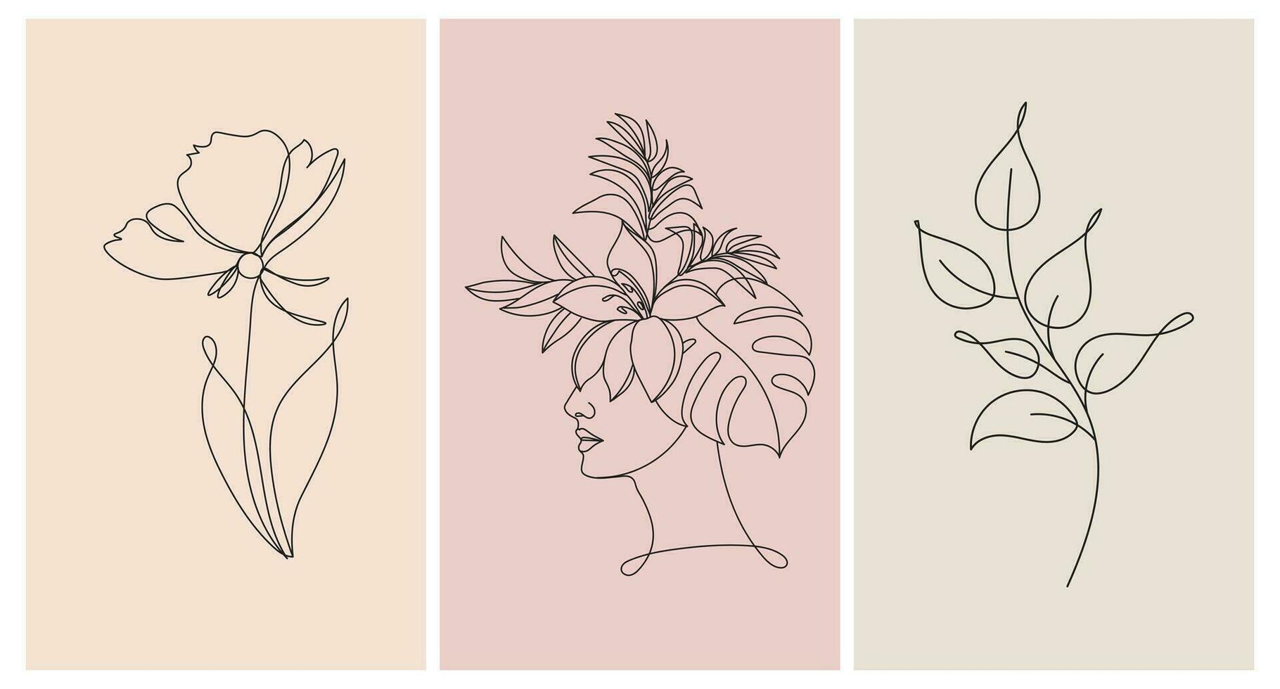Abstract female portrait and flowers, line art. Set of posters, greeting cards, wall art. Black line on an abstract background in pastel colors. vector
