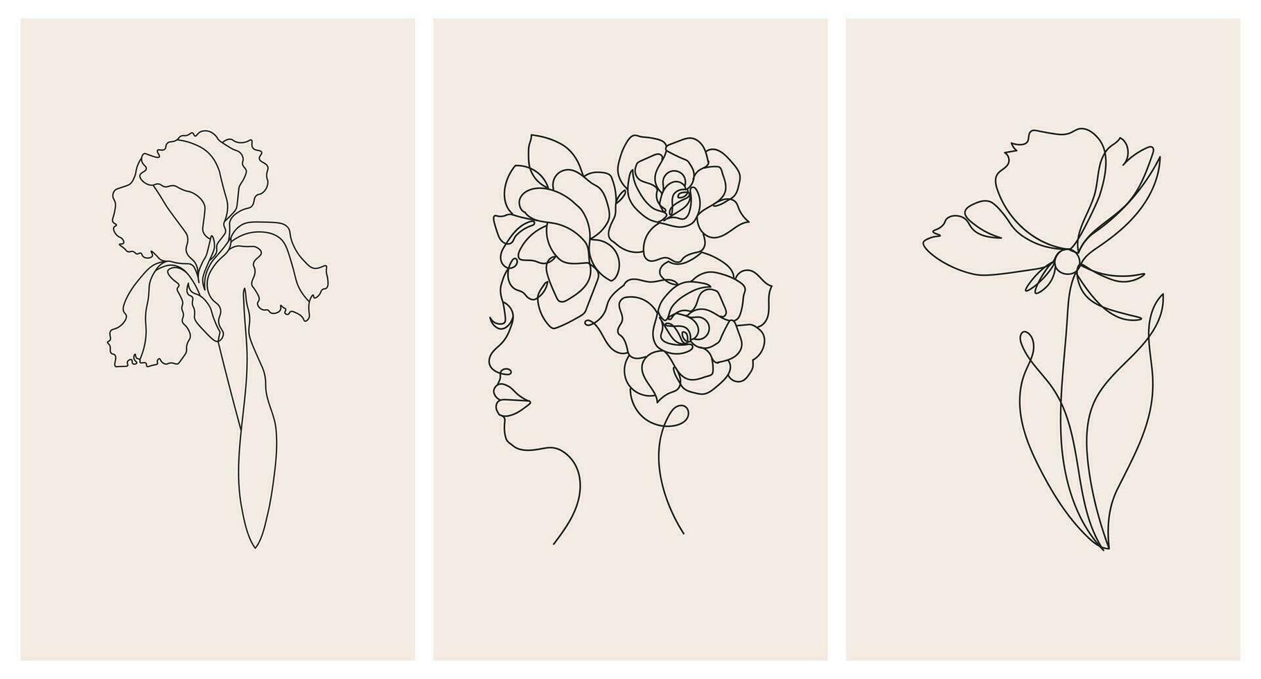 Abstract female portrait and flowers, line art. Set of posters, greeting cards, wall art. Black line on an abstract background in pastel colors. vector