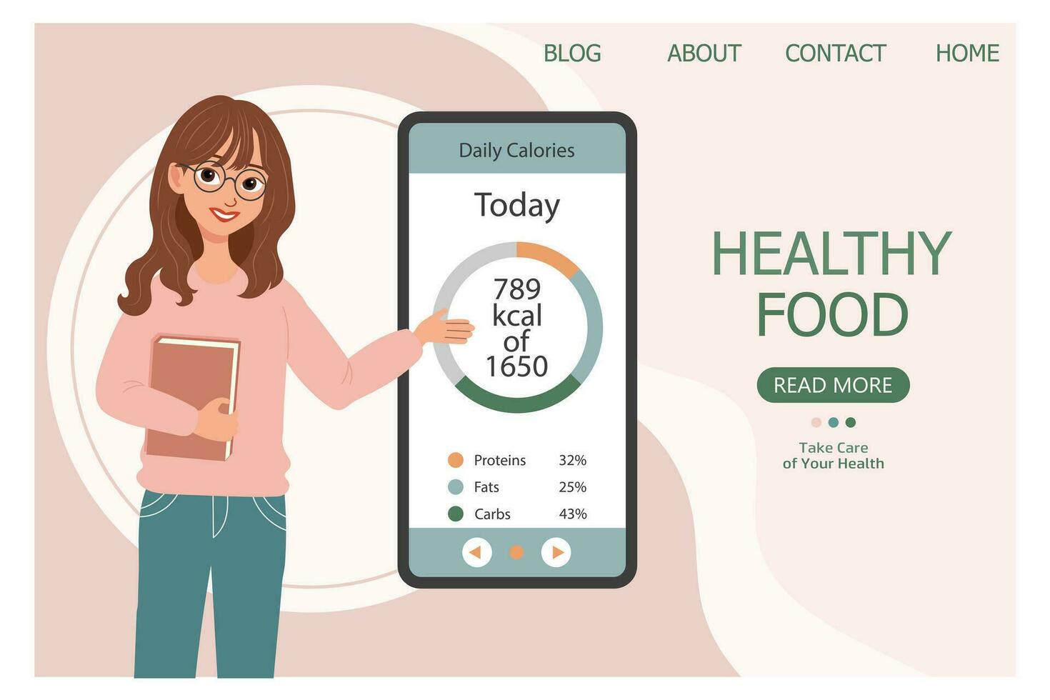 Woman doctor nutritionist with diet plan on the phone. Healthy food medical concept. Cartoon illustration, vector