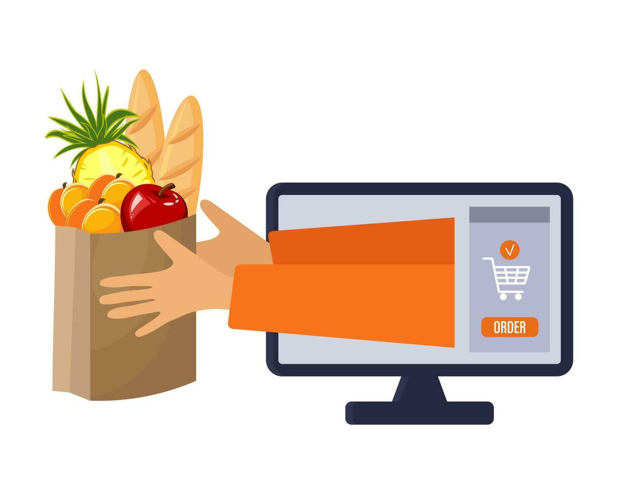 Online delivery, computer with order and package with groceries. Service concept.Illustration, vector