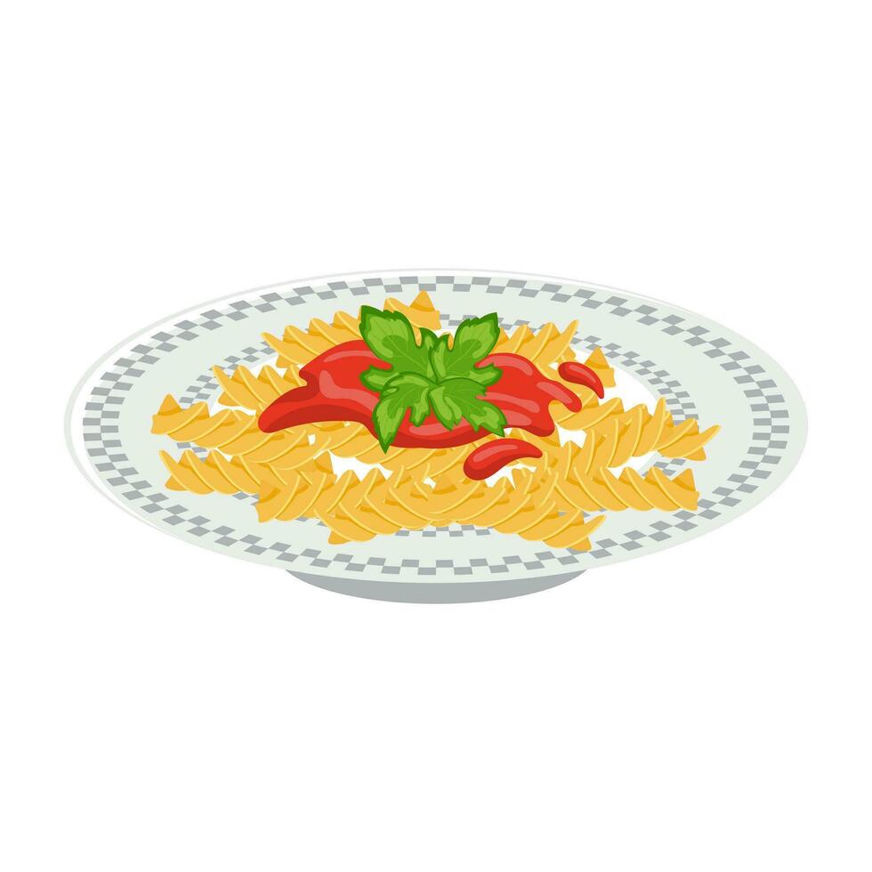 Plate of pasta. Pasta with ketchup and herbs. Italian Cuisine. Food illustration, vector