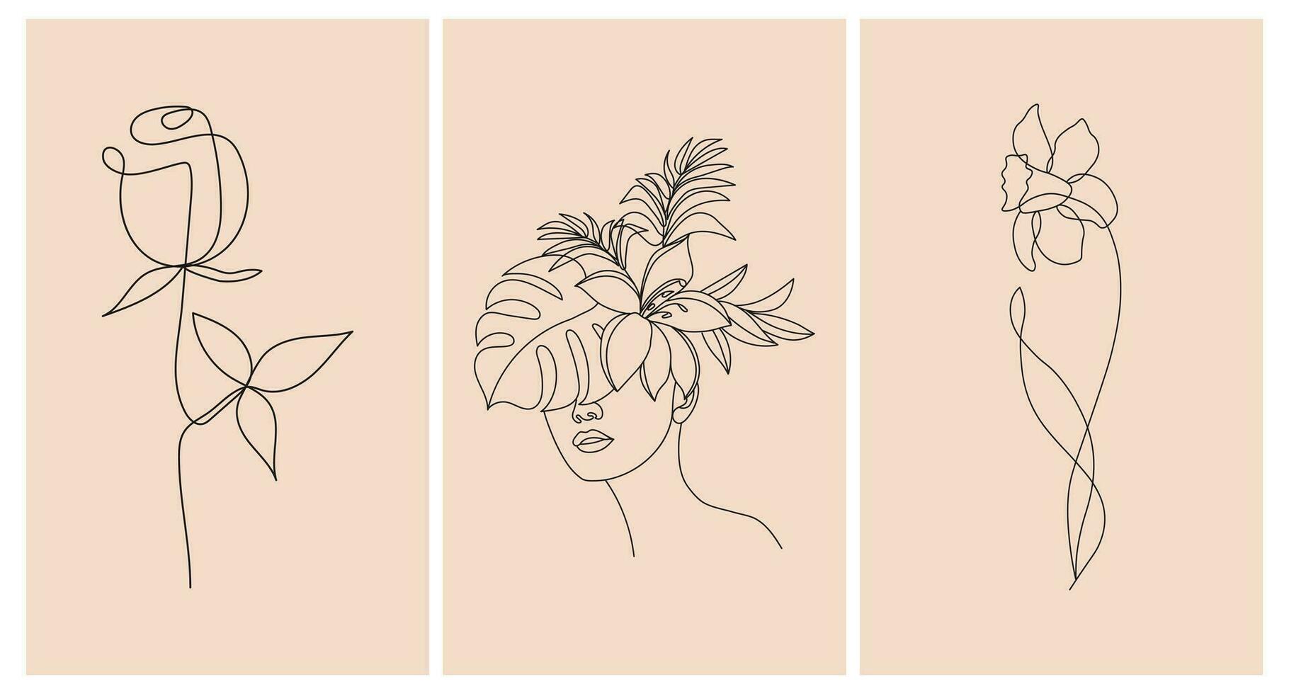 Abstract female portrait and flowers, line art. Set of posters, greeting cards, wall art. Black line on an abstract background in pastel colors. vector