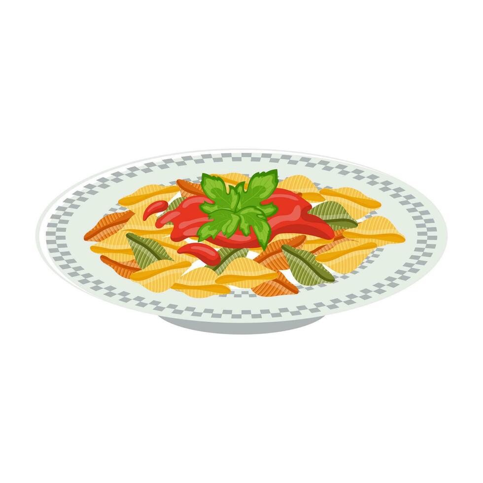 Plate of pasta. Pasta with ketchup and herbs. Italian Cuisine. Food illustration, vector