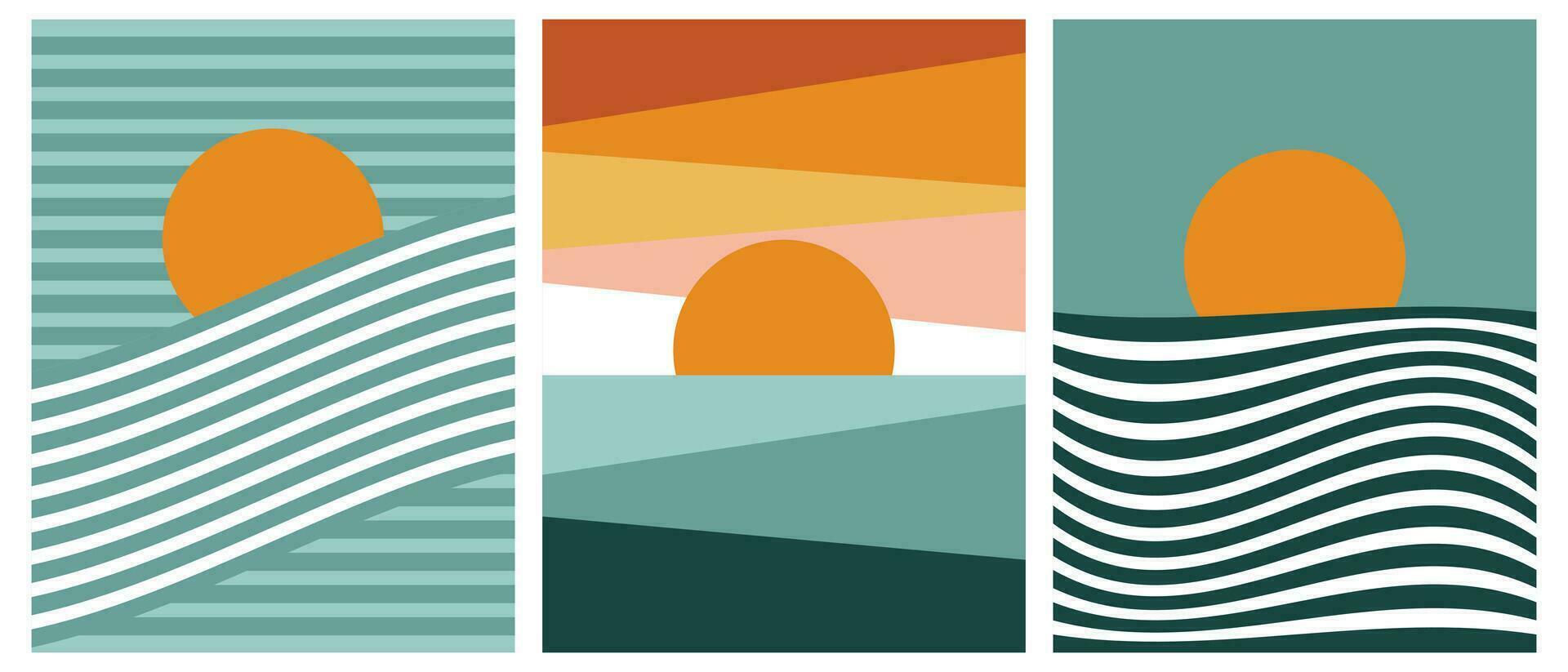 Set of vintage landscape backgrounds with sun and sea waves. Retro tapestries in boho style. Vector
