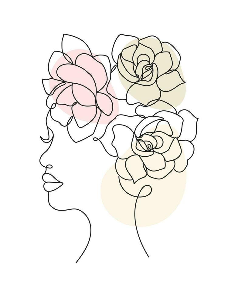 Portrait of a woman with flowers, line art. Contour illustration with the addition of colored spots. Postcard, poster, vector