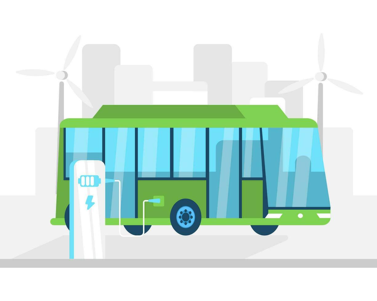 Electric bus at a charging station with wind turbines in the background, representing sustainable public transportation vector