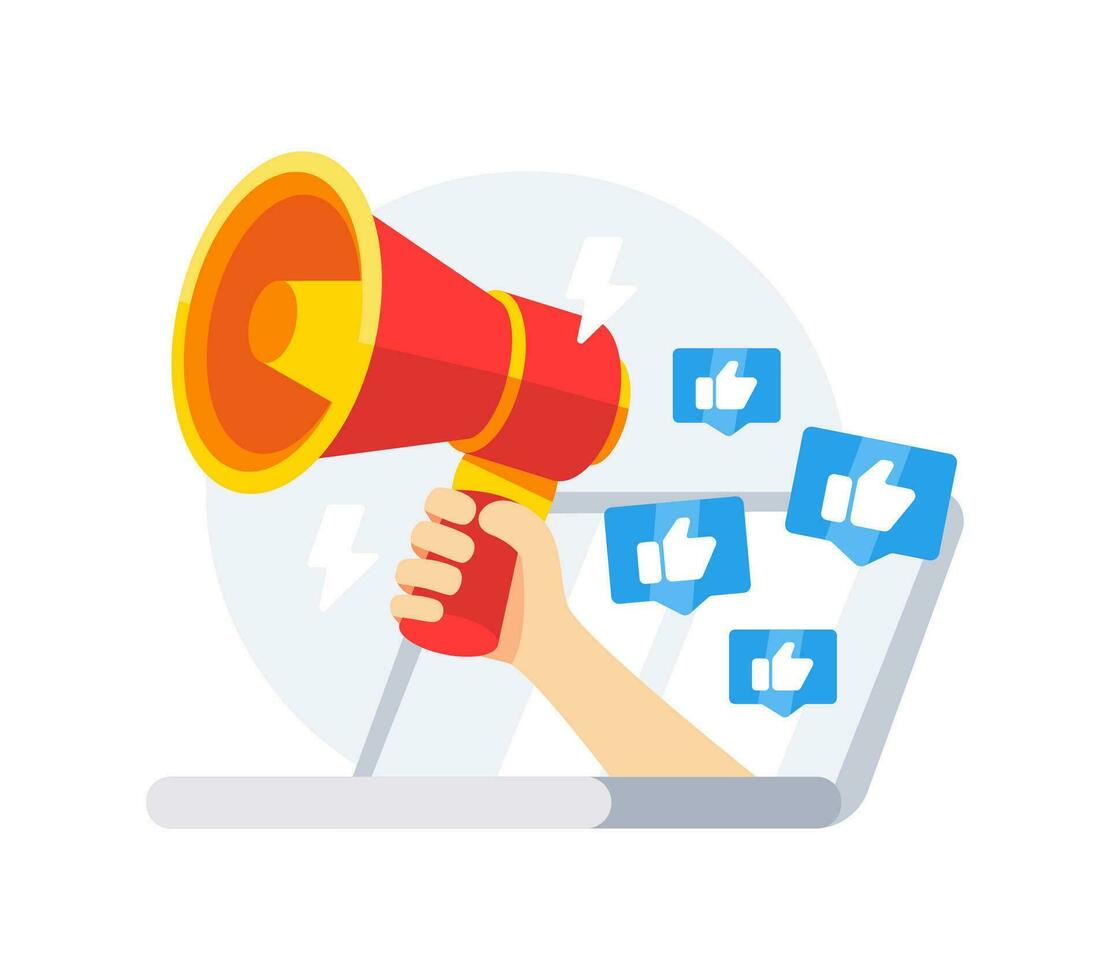 Depicting a hand holding a megaphone emerging from a laptop screen, surrounded by likes, symbolizing online marketing, social media influence, and digital promotions vector