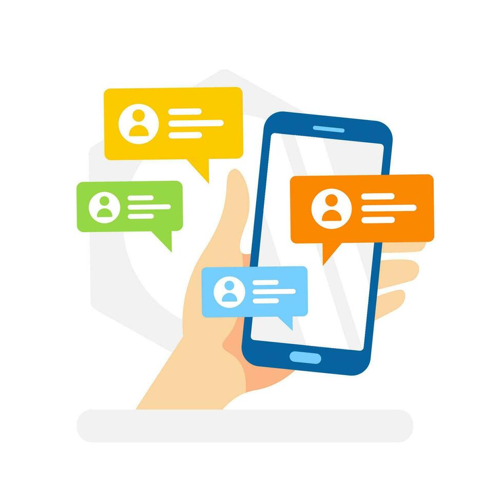 Hand holding a smartphone with chat bubbles, perfect for concepts on mobile communication, social media, and modern digital conversation vector