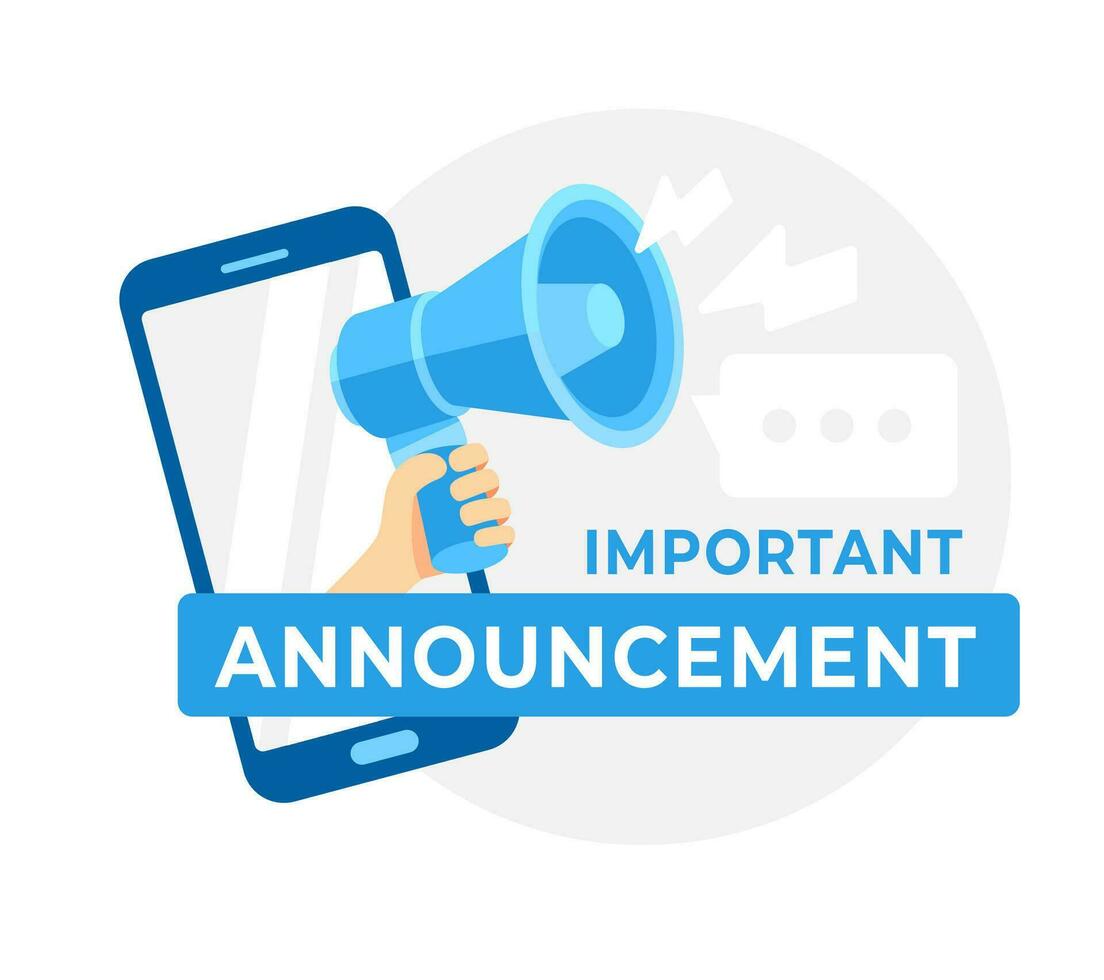 Hand holding a megaphone emerging from a smartphone screen for important announcements and alerts vector
