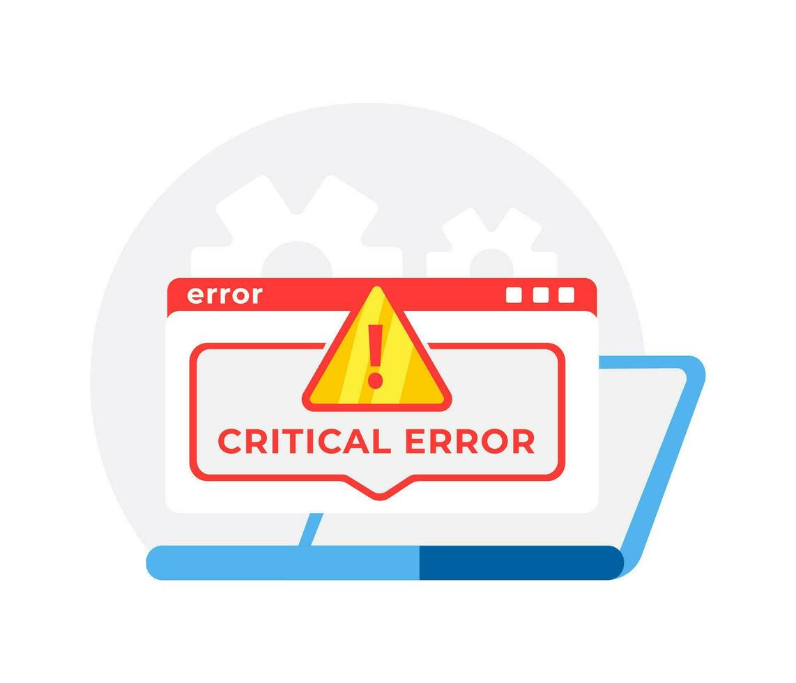 Vector illustration of a computer error message, depicting a critical alert with warning sign on a browser window, symbolizing system failure