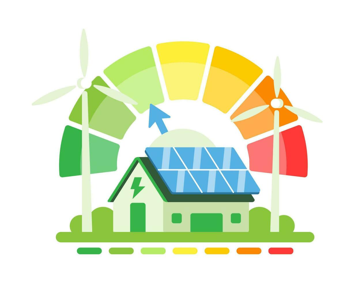 Sustainable house with solar panels and wind turbines, representing renewable energy and eco-friendly living vector