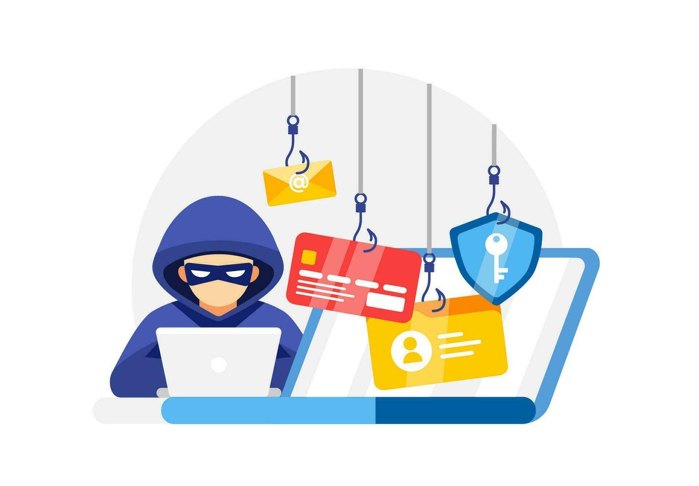 Cybersecurity concept vector illustration showing a hacker with phishing hooks targeting email, credit card, and secure data