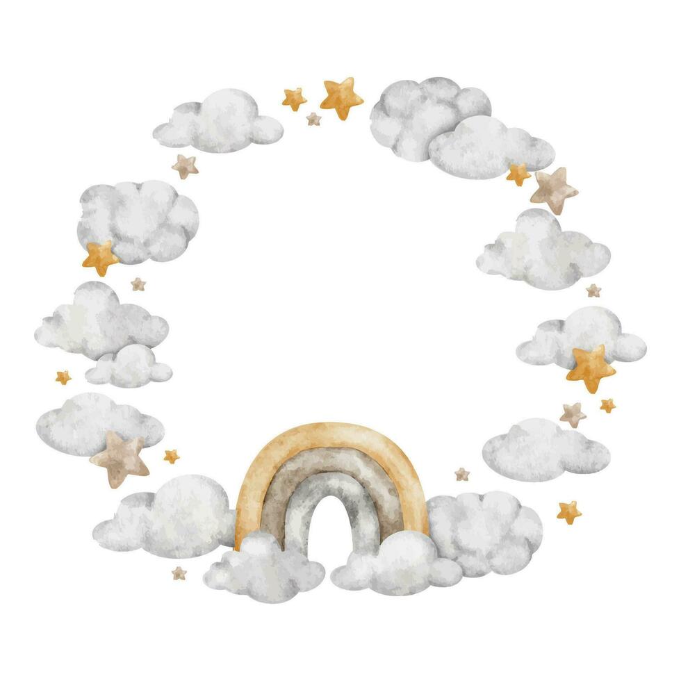 arco iris con nubes y estrellas. un guirnalda de nubes, arcoiris y estrellas. antecedentes para niños. acuarela redondo marco. aislado. diseño para niños bienes, postales, bebé ducha y para niños habitación vector