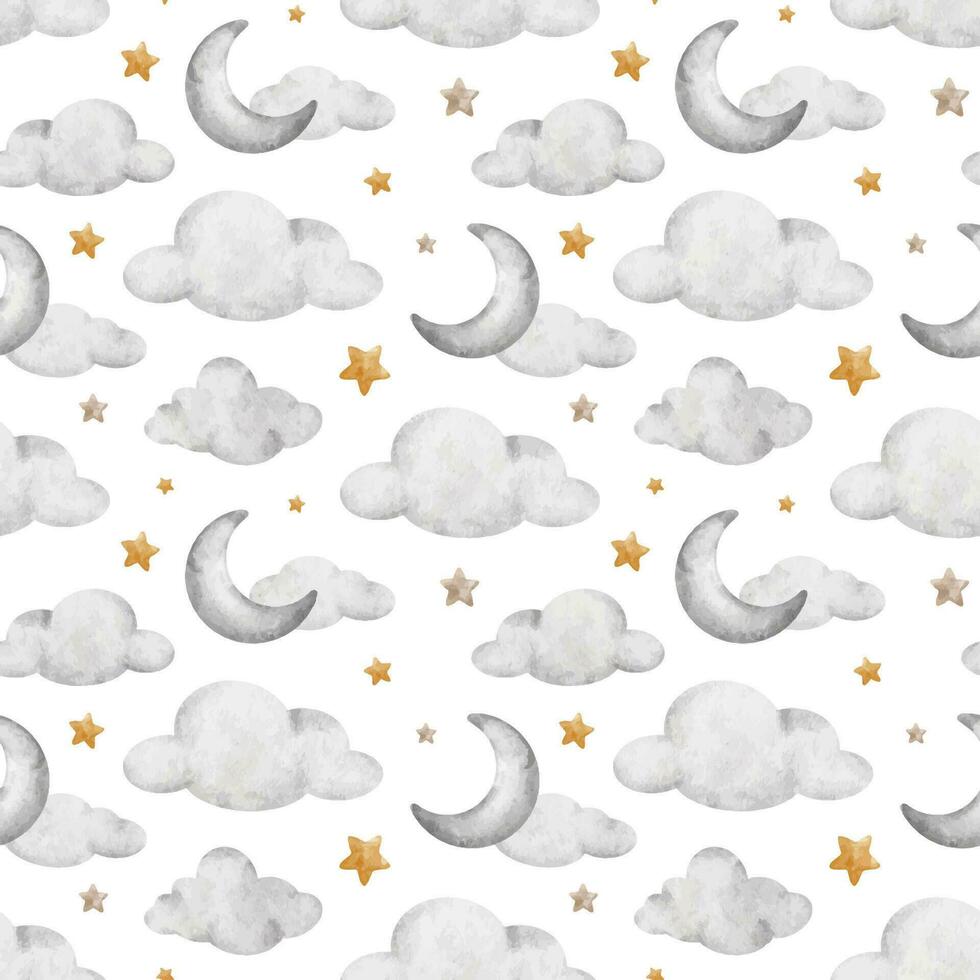 Moons, Clouds and stars. Crescent moon. Watercolor nursery seamless pattern. Cute baby background. Design for kid's goods, clothes, textile, postcards, baby shower, wallpaper and children's room vector