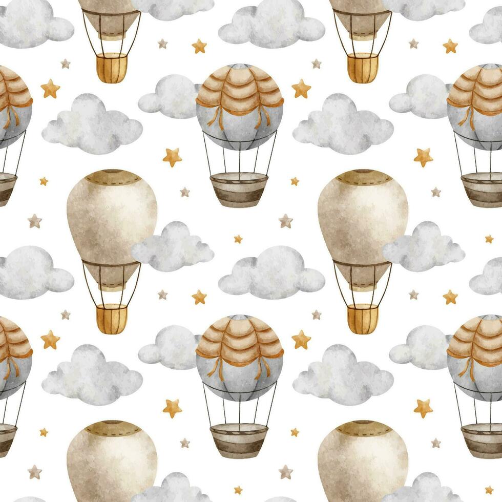 Hot Air Balloon with basket, clouds and stars. Watercolor seamless pattern. Cute baby background. For kid's goods, clothes, textile, postcards, baby shower, wallpaper and children's room vector