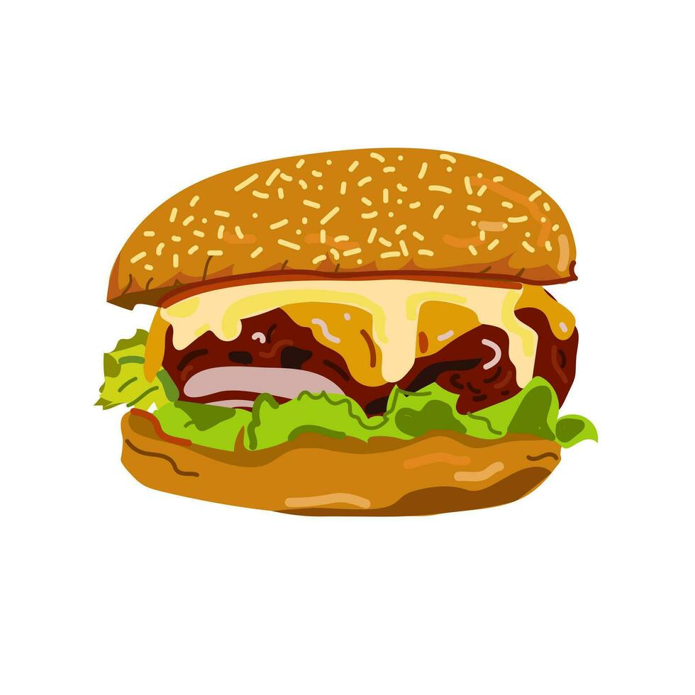 Cheeseburger with cheese, beef and salad. Vector illustration