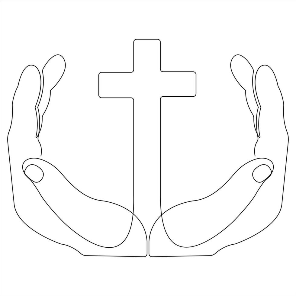 One line art drawing of praying good friday crucifixion outline art vector illustration