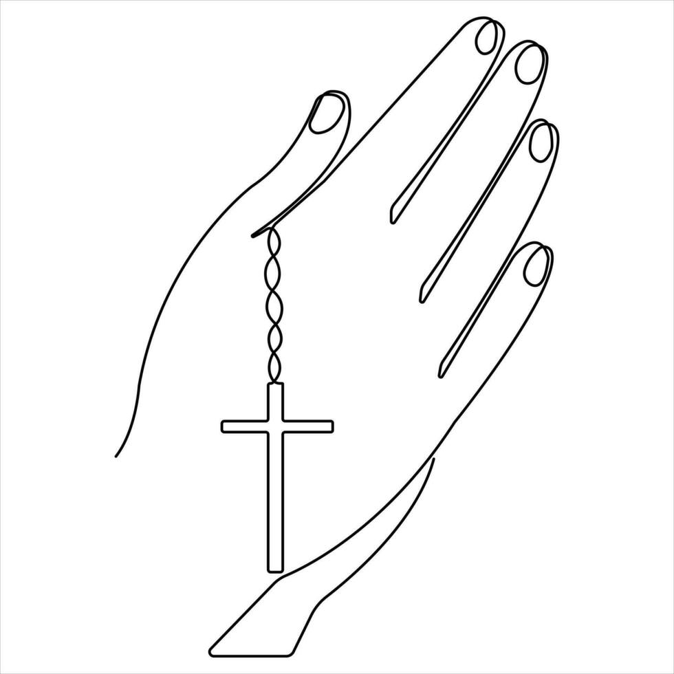 Orando manos con crucifixión contorno Arte vector ilustración