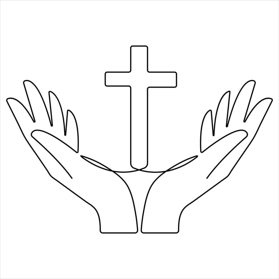 One line art drawing of praying good friday crucifixion outline art vector illustration