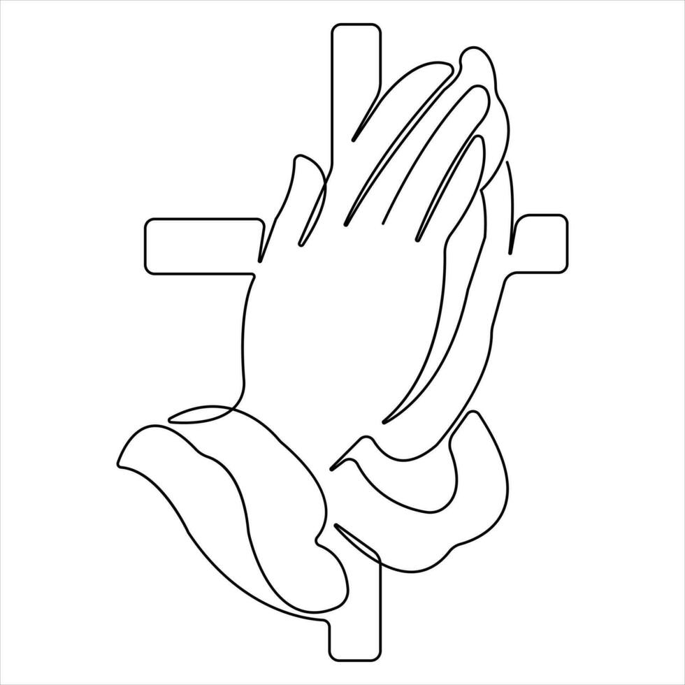 praying hands with crucifixion outline art vector illustration