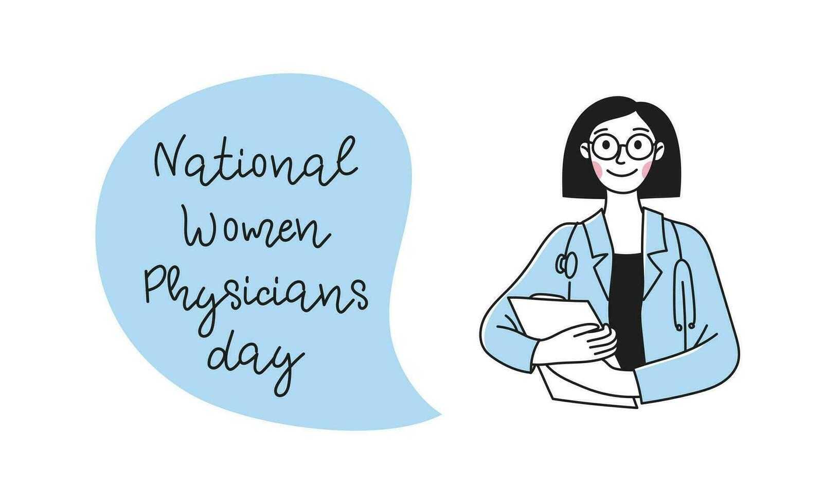 Banner National Women Physicians Day. Doctor. Diversity women in different poses. Vector linear doodle illustration