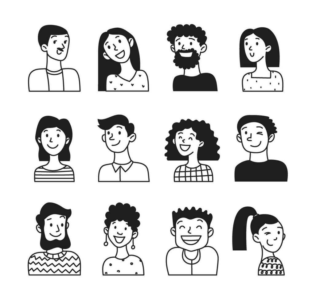 Vector set of smiling people icons in doodle style. Portraits of men and women. Simple line art, outline, freehand sketch. Illustration isolated on white