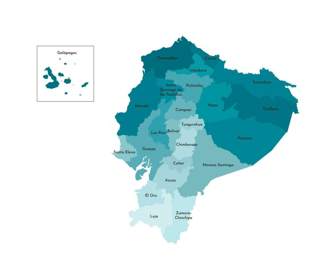 Vector isolated illustration of simplified administrative map of Ecuador. Borders and names of the provinces regions. Colorful blue khaki silhouettes