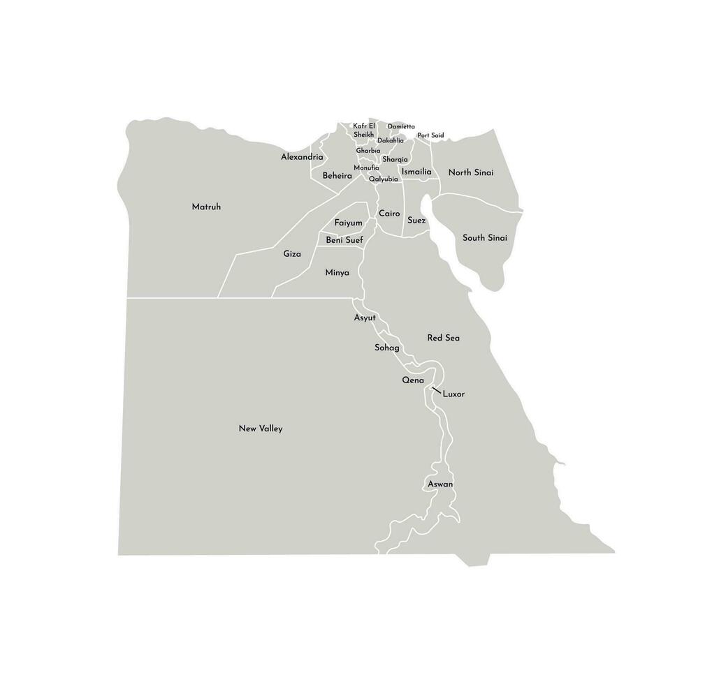 Vector isolated illustration of simplified administrative map of Egypt. Borders and names of the provinces, regions. Grey silhouettes. White outline.