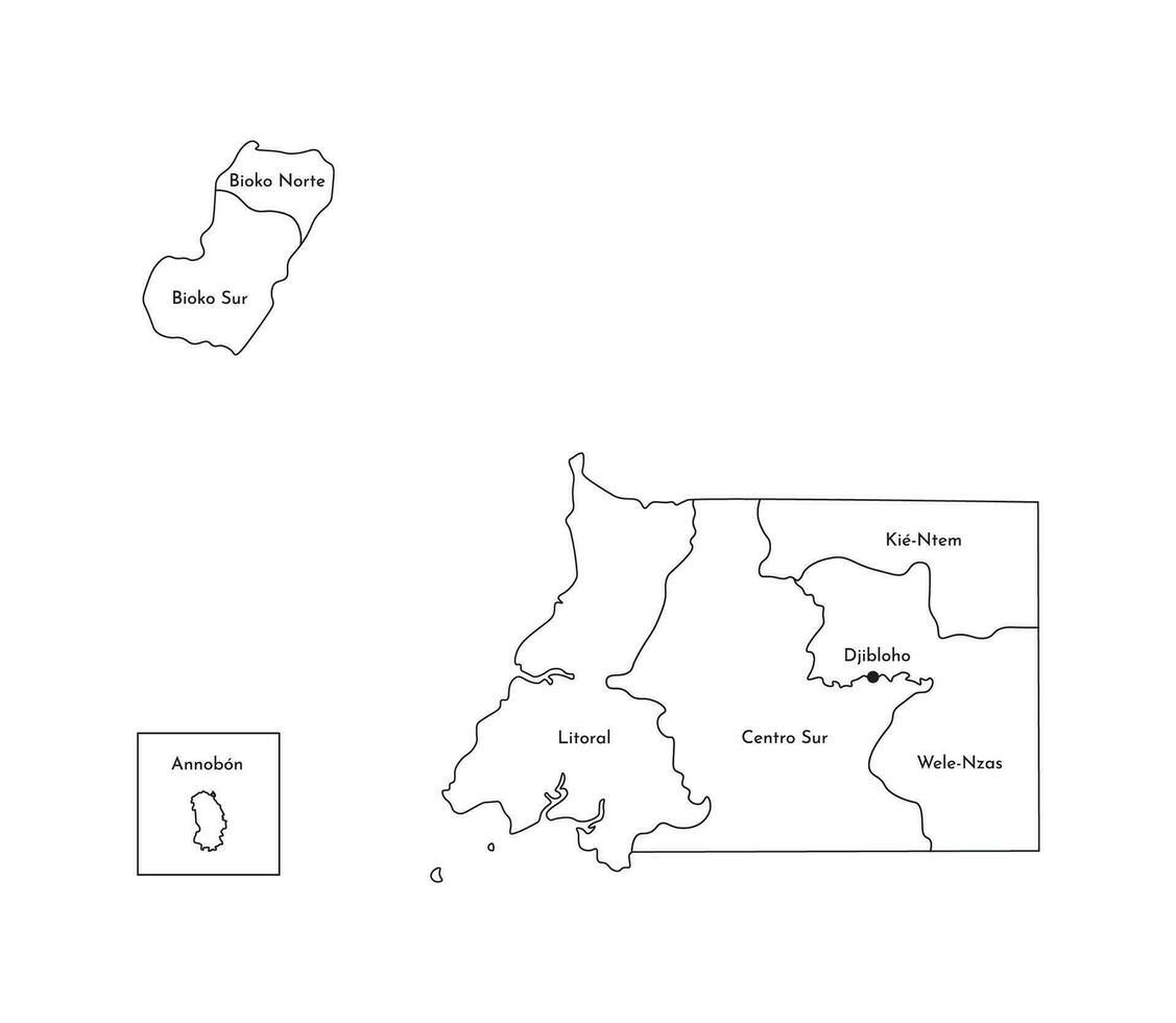 Vector isolated illustration of simplified administrative map of Equatorial Guinea. Borders and names of the provinces, regions. Black line silhouettes.