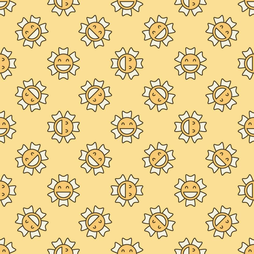 Smiling Beautiful Flower in Groovy style vector minimalist colored seamless pattern