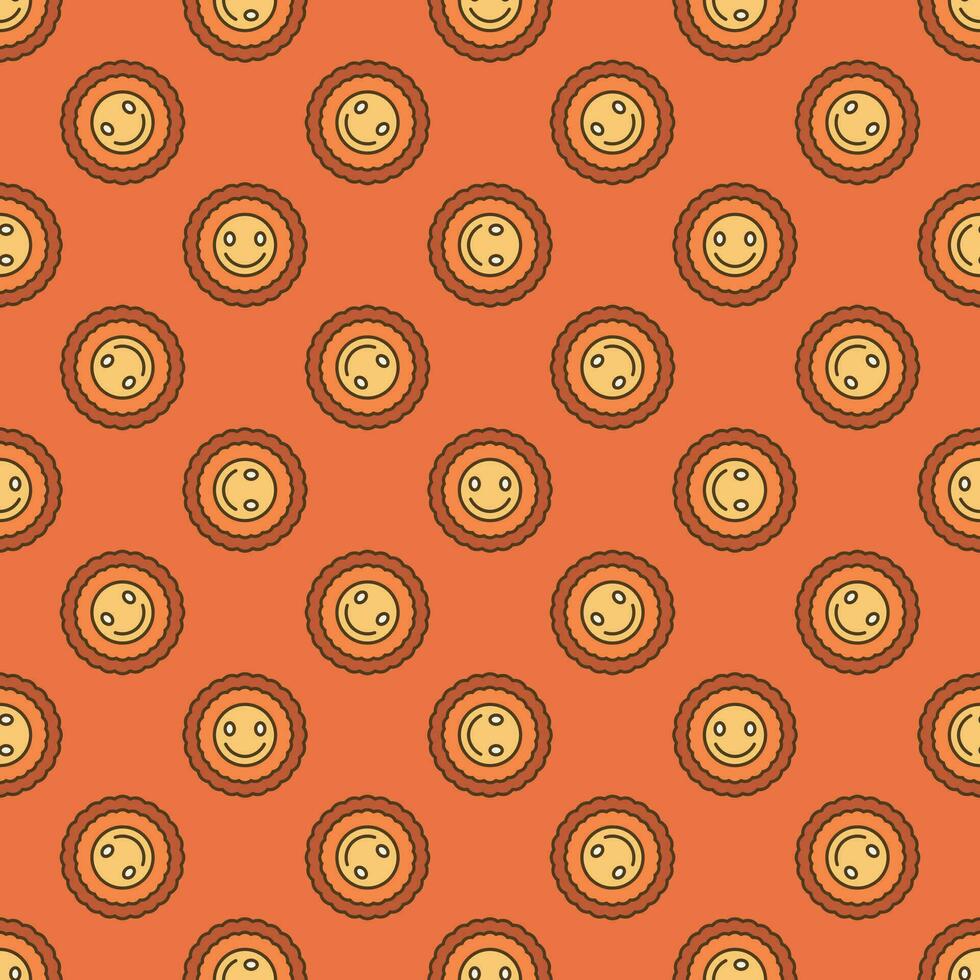 Round Cheerful Smiling Flower vector colored seamless pattern in Groovy style