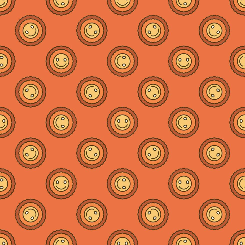 Round Cheerful Smiling Flower vector colored seamless pattern in Groovy style