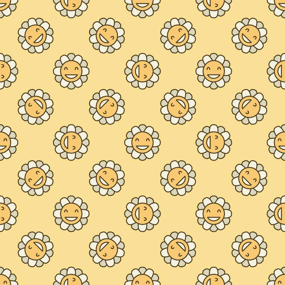 Geometric Flower in Groovy 70s style vector colored seamless pattern
