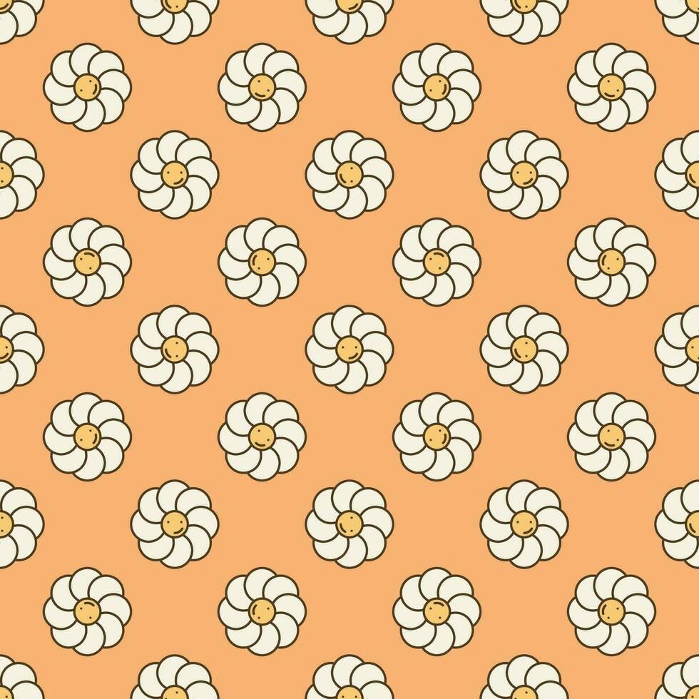 Beautiful Flower with Smiling Face vector Groovy Style colored seamless pattern