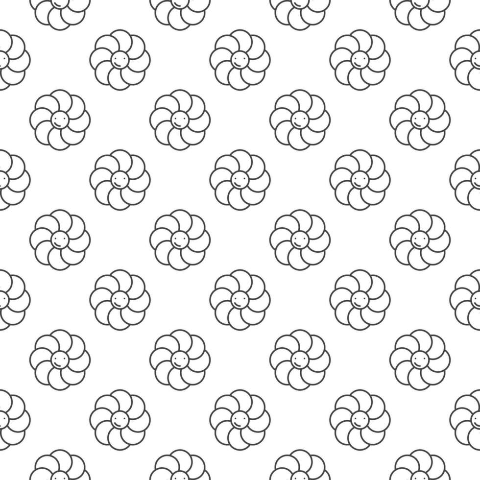 Cute Flower with Smiling Face vector Groovy Style linear seamless pattern