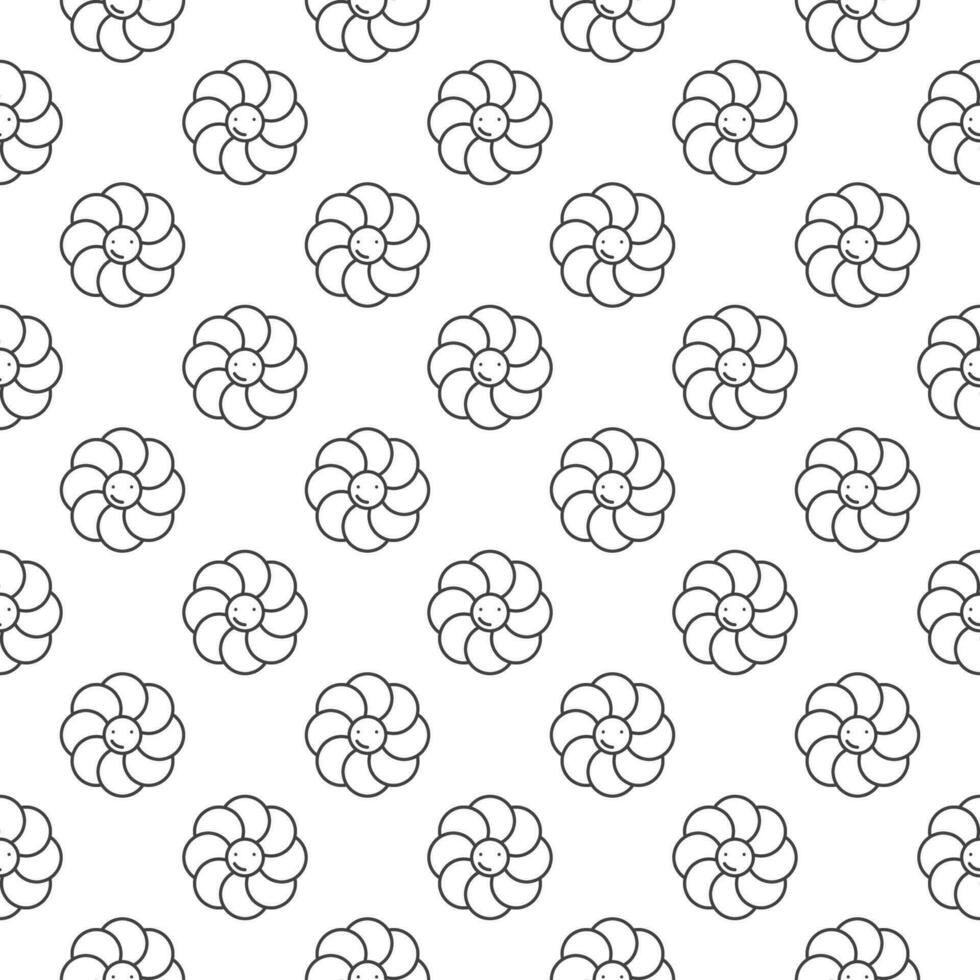 Cute Flower with Smiling Face vector Groovy Style linear seamless pattern