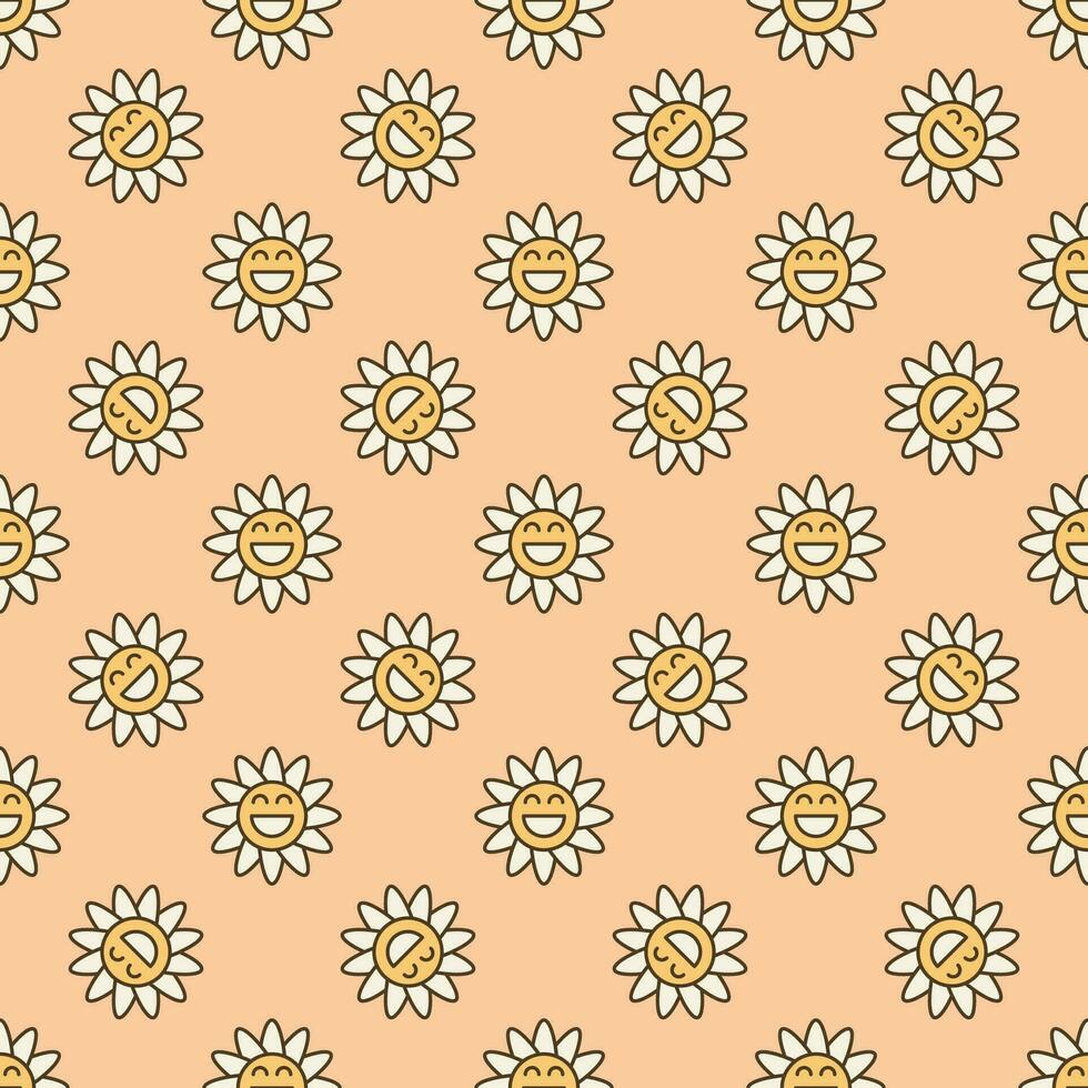 Retro Funny Daisy Flower vector minimal colored seamless pattern in Groovy style