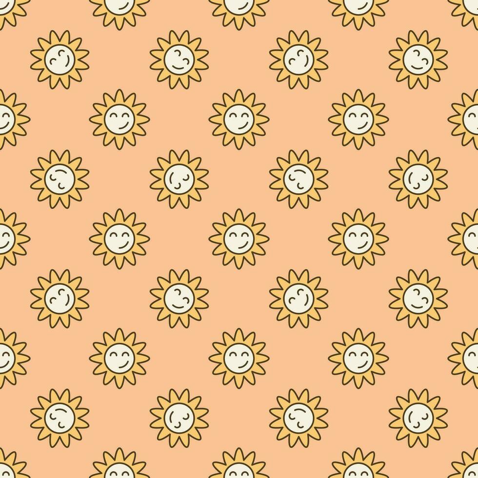 Hippie Groovy Smiling Flower vector colored seamless pattern