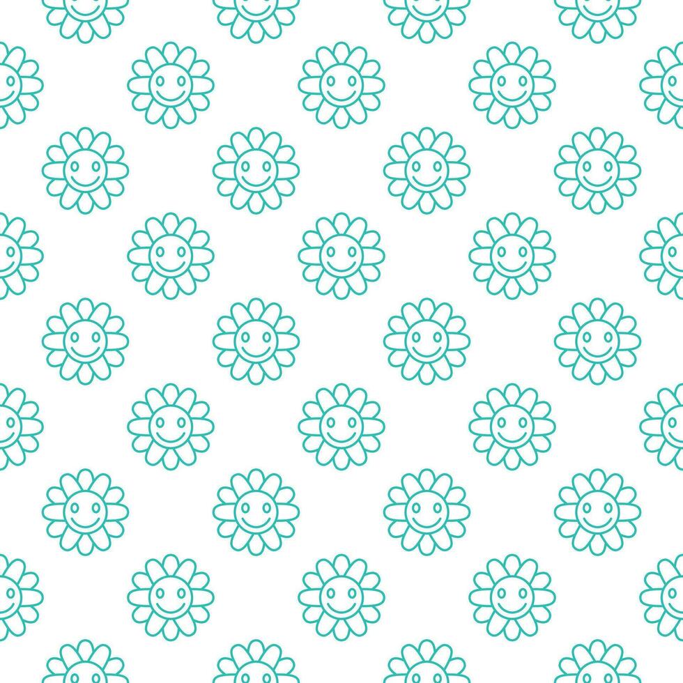 Flower with Cute Smiling Face vector Hippie Retro style seamless pattern in thin line style