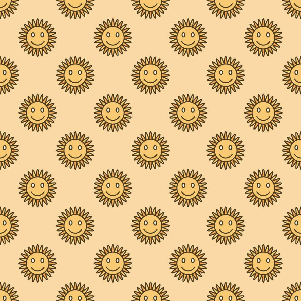 Funny Flower with Cute Smiling Face vector Hippie style colored seamless pattern