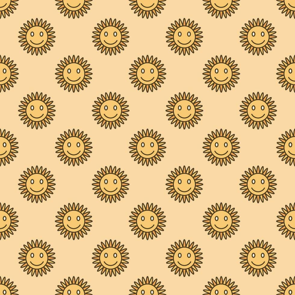 Funny Flower with Cute Smiling Face vector Hippie style colored seamless pattern