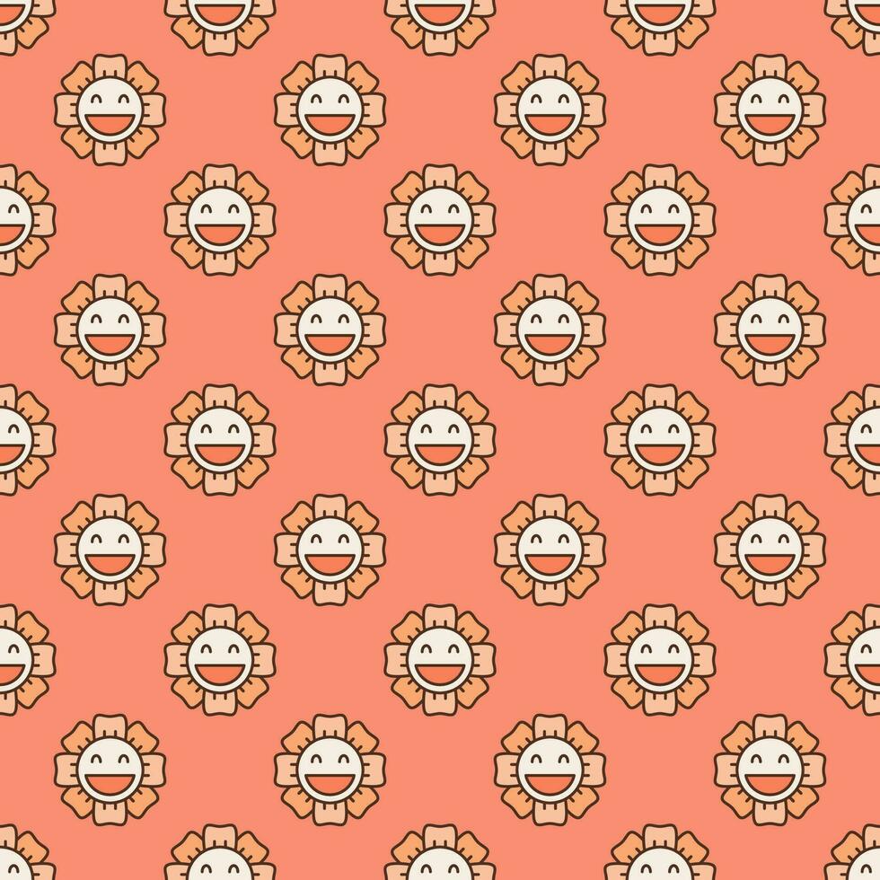 Smiling Flower in Groovy 60s or 70s style vector minimalist colored seamless pattern