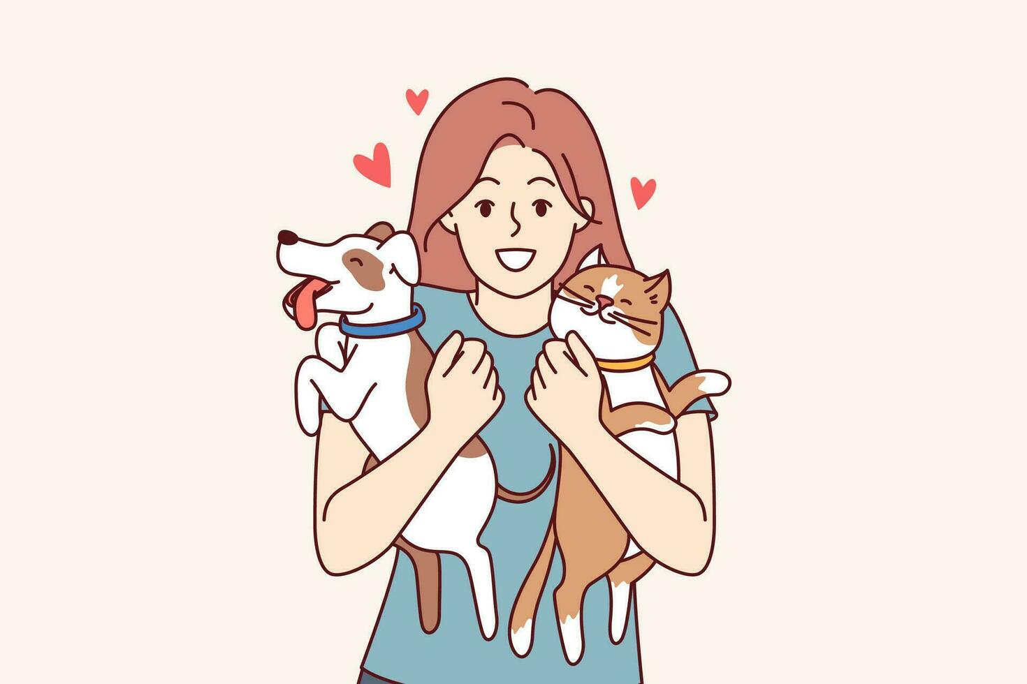 Two pets in hands of teenage girl hugging cat and dog, and feeling love for domesticated animals vector