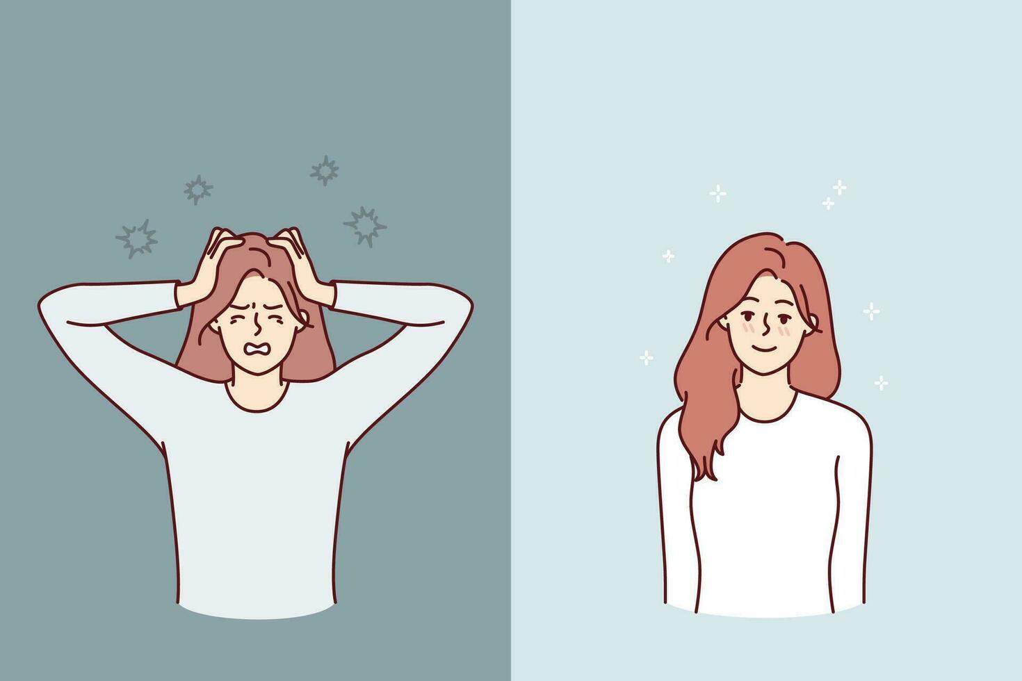 Woman in different psychological state clutches head due to mental disorder and smiles after healing vector